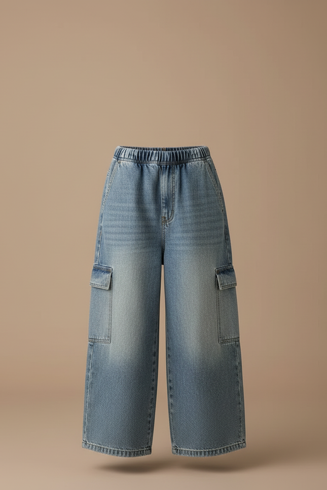 Pantalon Cargo Jean Ample Multipoches Enfant - Bleu - vue 3