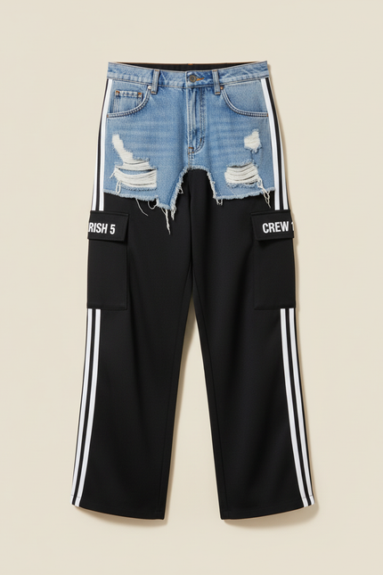 Pantalon Cargo Noir Rayures Blanches Denim Surpiqué - Molleton - vue 3