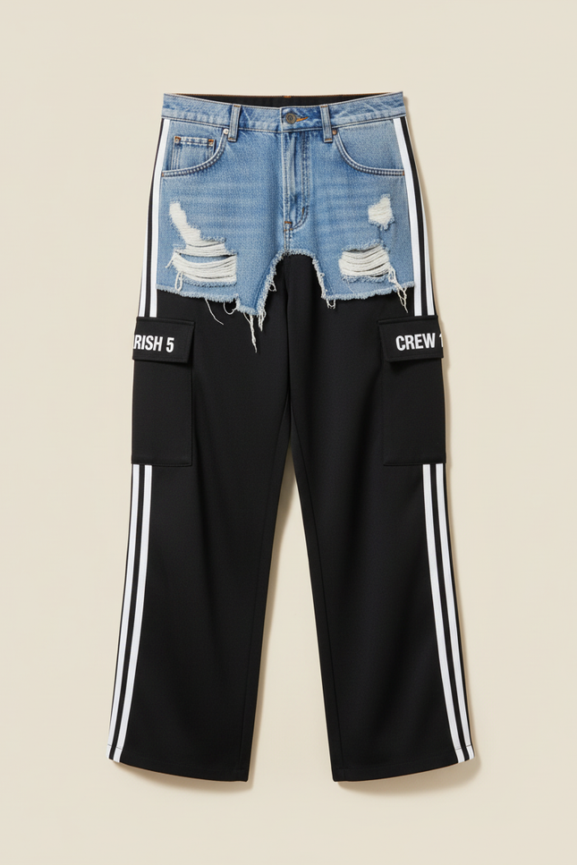 Pantalon Cargo Noir Rayures Blanches Denim Surpiqué - Molleton - vue 3