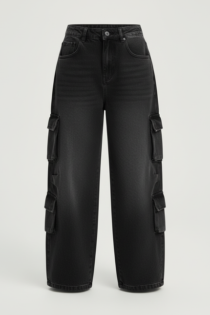 Pantalon Cargo Noir Décontracté Ample Denim Multipoches Fille - Jean - vue 3