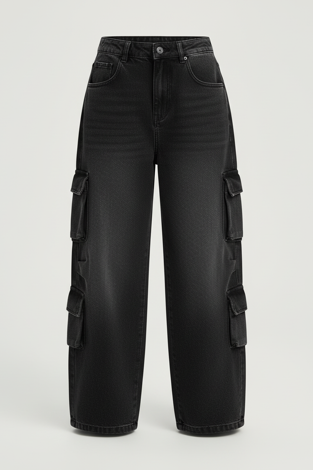 Pantalon Cargo Noir Décontracté Ample Denim Multipoches Fille - Jean - vue 3