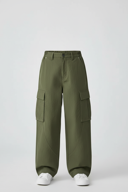 Pantalon Cargo Vert Olive Ample Coton Enfant - Kaki Toile - vue 3