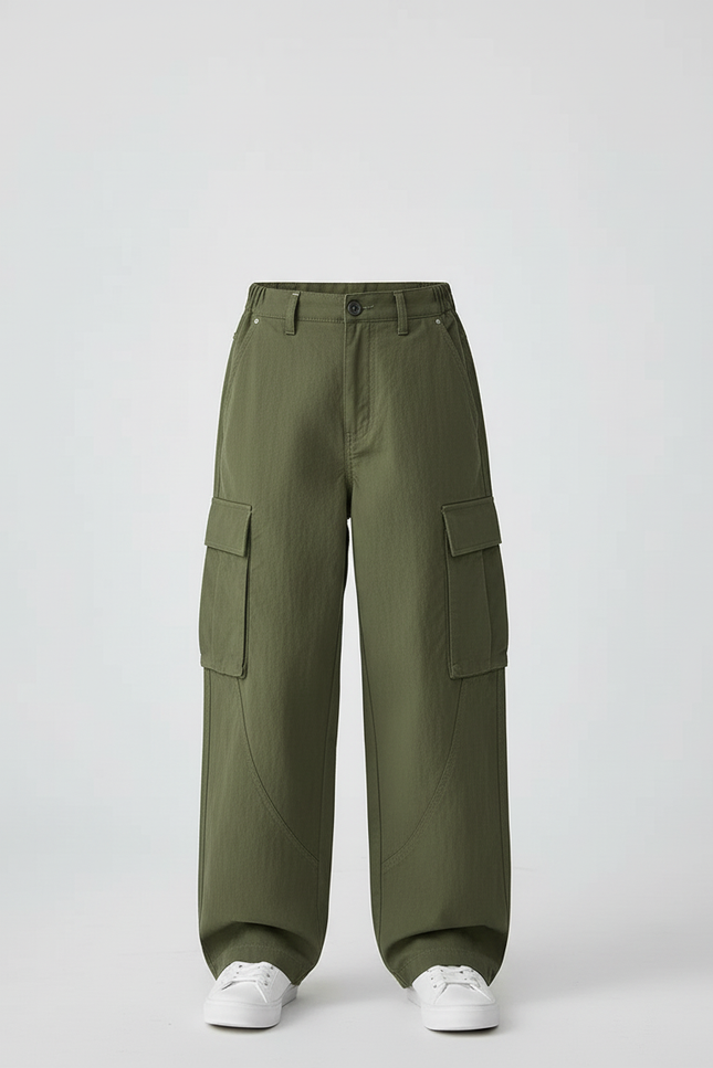 Pantalon Cargo Vert Olive Ample Coton Enfant - Kaki Toile - vue 3