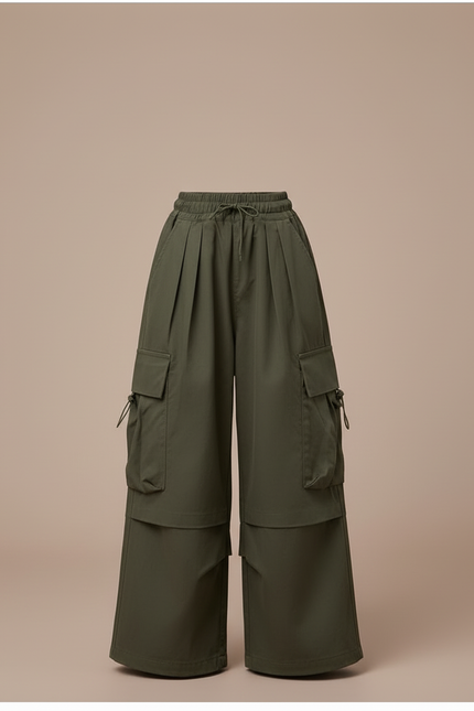 Pantalon Cargo Vert Ample Taille Haute Fille - Kaki Toile - vue 3