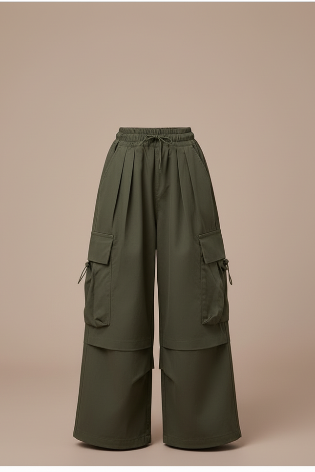Pantalon Cargo Vert Ample Taille Haute Fille - Kaki Toile - vue 3