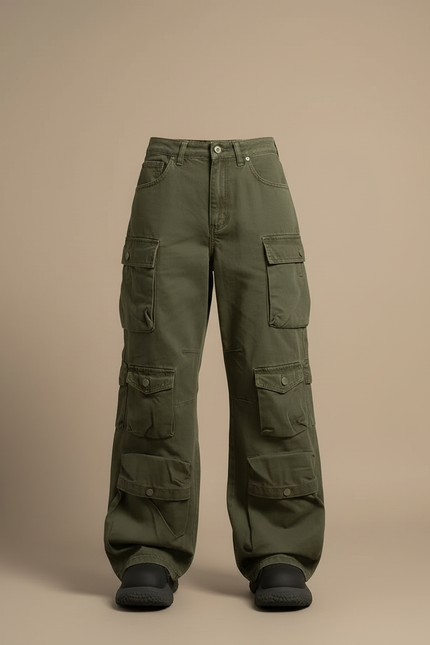 Pantalon Cargo Vert Kaki Ample Multipoches Décontracté - Toile - vue 3