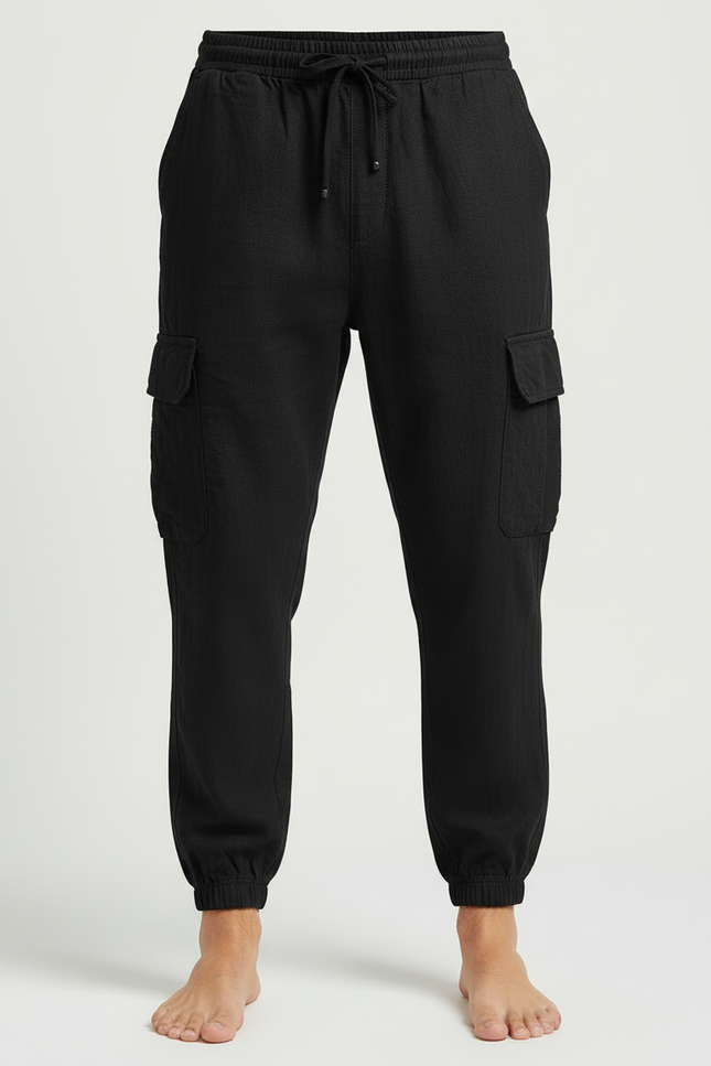 Pantalon Cargo Noir Coton Lin Multipoches Homme - vue 3