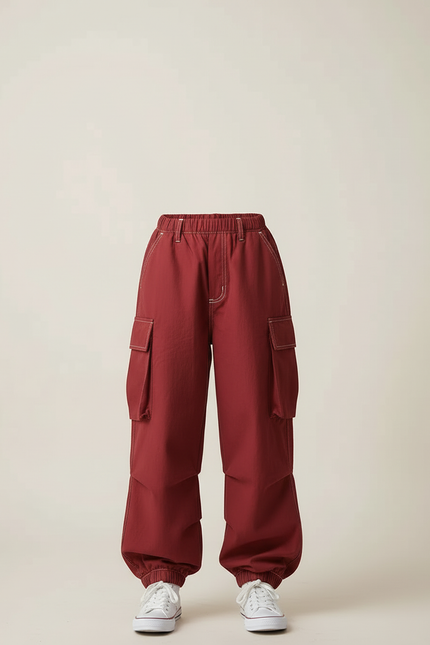 Pantalon Cargo Ample Rouge Poches Enfants Coton - Bordeaux - vue 3