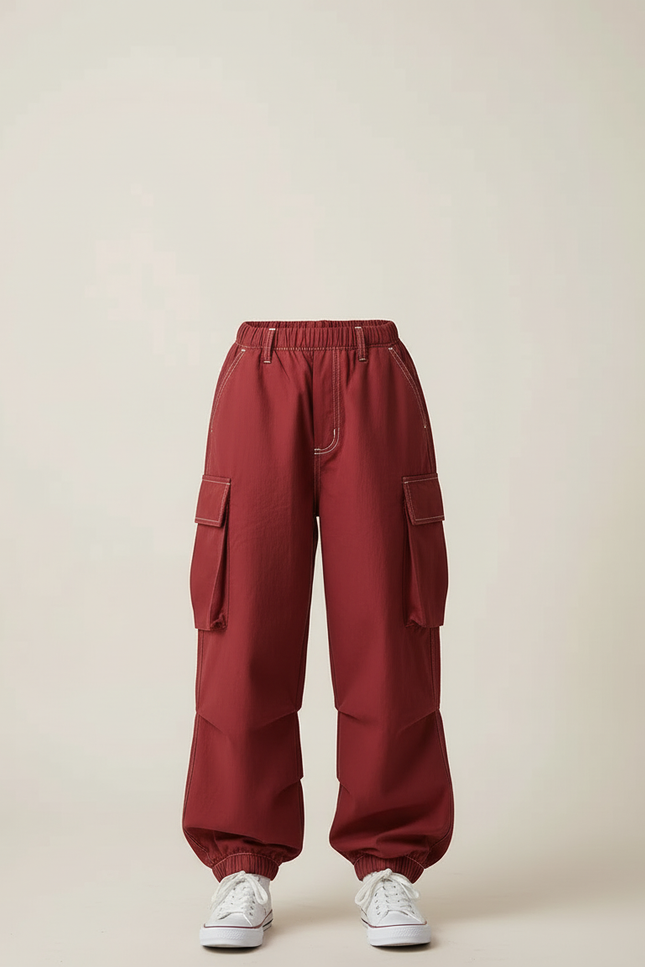 Pantalon Cargo Ample Rouge Poches Enfants Coton - Bordeaux - vue 3