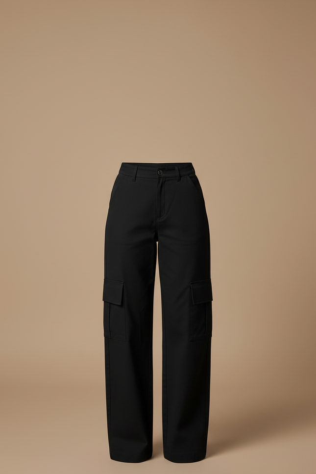 Pantalon Cargo Noir Ample Taille Haute Décontracté Femme - Polyester - vue 3