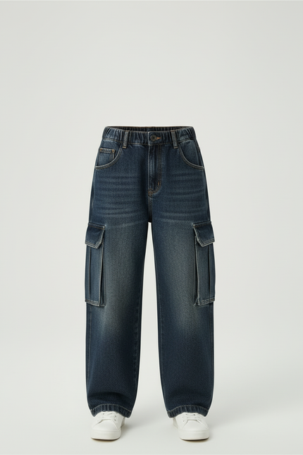 Pantalon Cargo Denim Ample Garçon Multipoches Décontracté - Bleu Jean - vue 3
