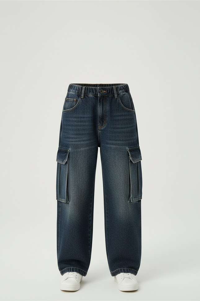 Pantalon Cargo Denim Ample Garçon Multipoches Décontracté - Bleu Jean - vue 3