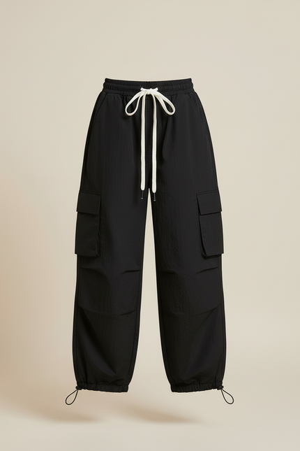 Pantalon Cargo Noir Ample Cordon Fille - Polyester - vue 3