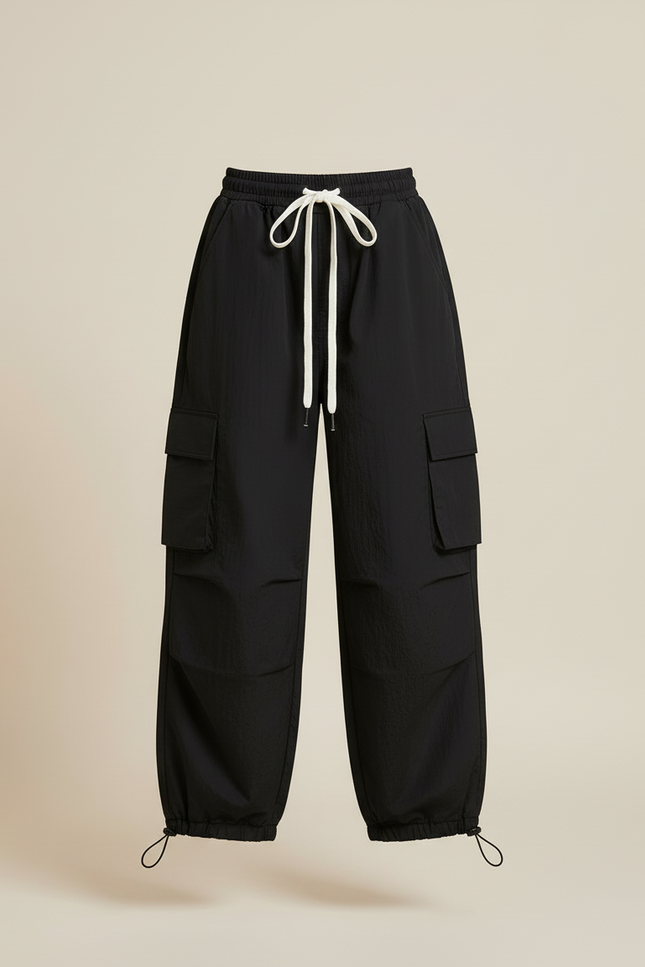 Pantalon Cargo Noir Ample Cordon Fille - Polyester - vue 3