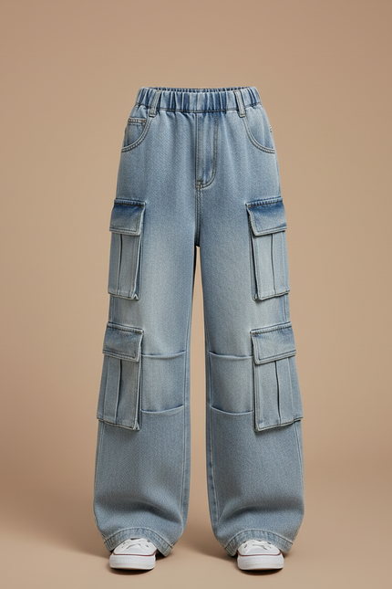 Pantalon Cargo Bleu Ample Multipoches Denim Enfant - Jean - vue 3
