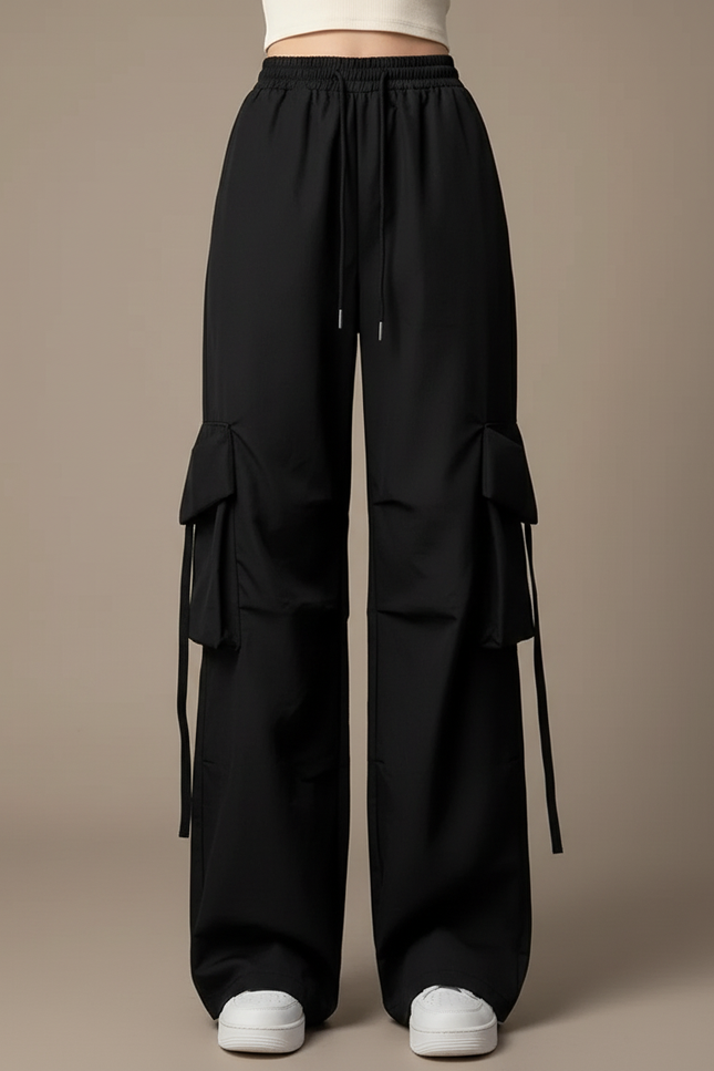 Pantalon Cargo Noir Ample Cordon Multipoches Femme - Polyester - vue 3