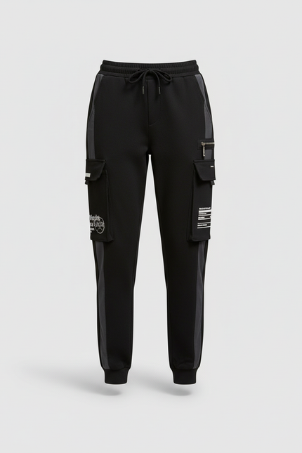 Pantalon Cargo Noir Ample Bandes Streetwear Femme - Molleton - vue 3