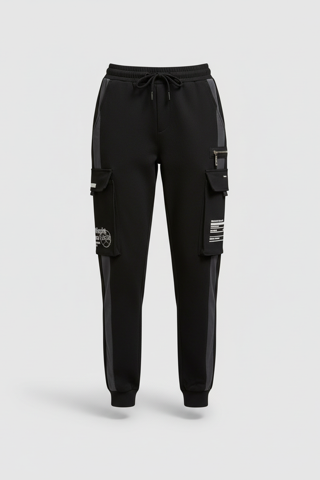 Pantalon Cargo Noir Ample Bandes Streetwear Femme - Molleton - vue 3