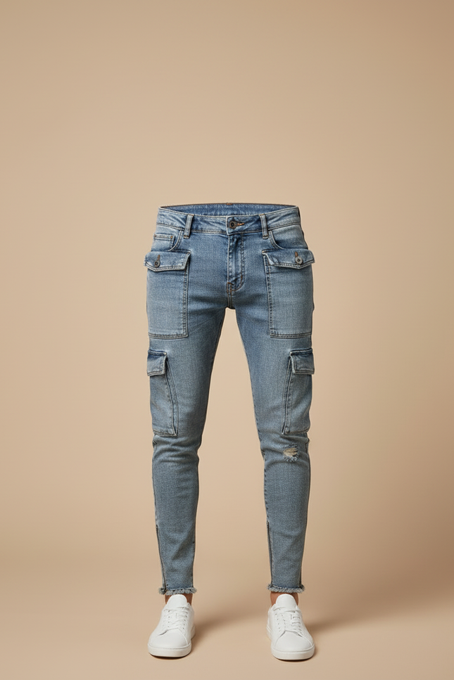 Pantalon Cargo Jean Délavé Slim Multipoches Zippées Homme - Bleu - vue 3