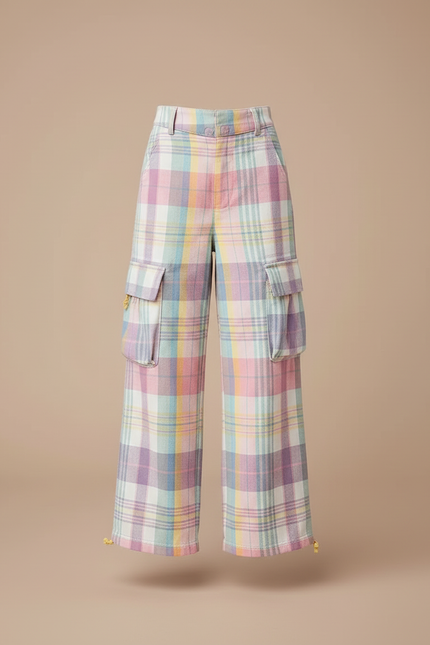 Pantalon Cargo Plaid Pastel Ample Fille Casual - Multicolore Coton - vue 3