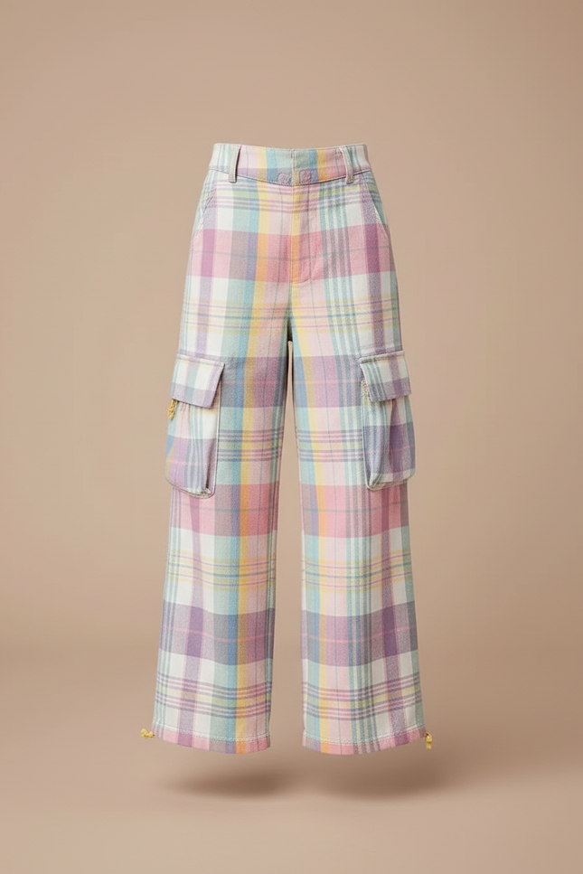 Pantalon Cargo Plaid Pastel Ample Fille Casual - Multicolore Coton - vue 3