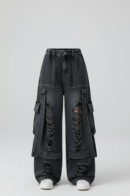 Pantalon Cargo Noir Ample Déchiré Multipoches Fille - Jean - vue 3