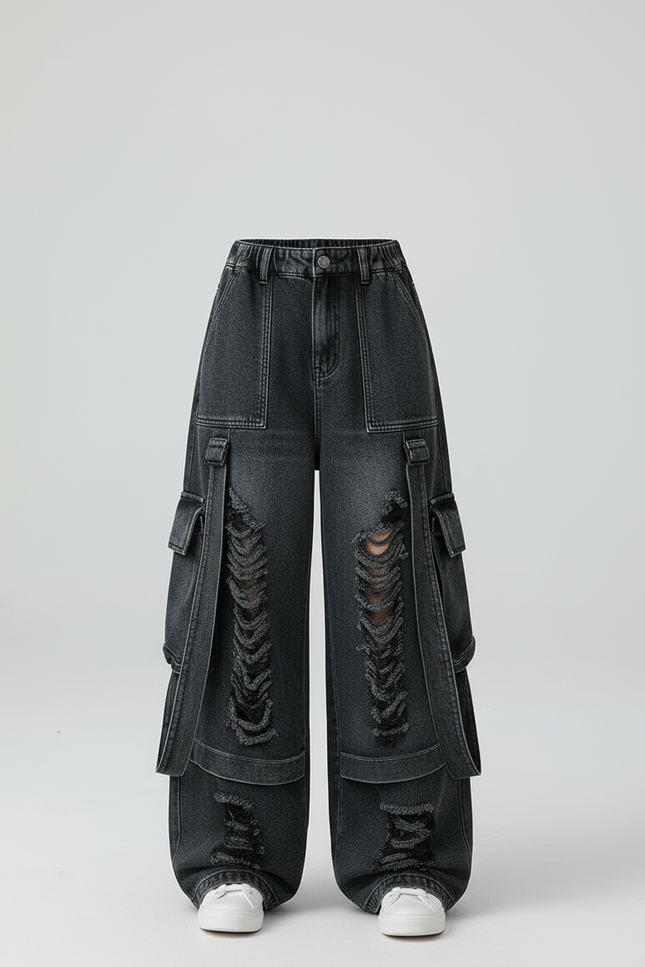 Pantalon Cargo Noir Ample Déchiré Multipoches Fille - Jean - vue 3