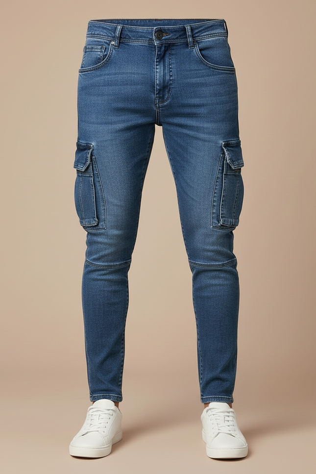 Pantalon Cargo Jean Bleu Slim Multipoches Homme - vue 3