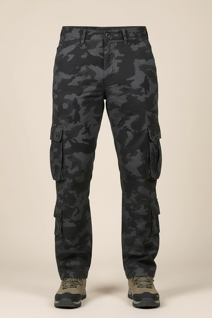 Pantalon Cargo Camouflage Noir Multipoches Coton Homme - vue 3