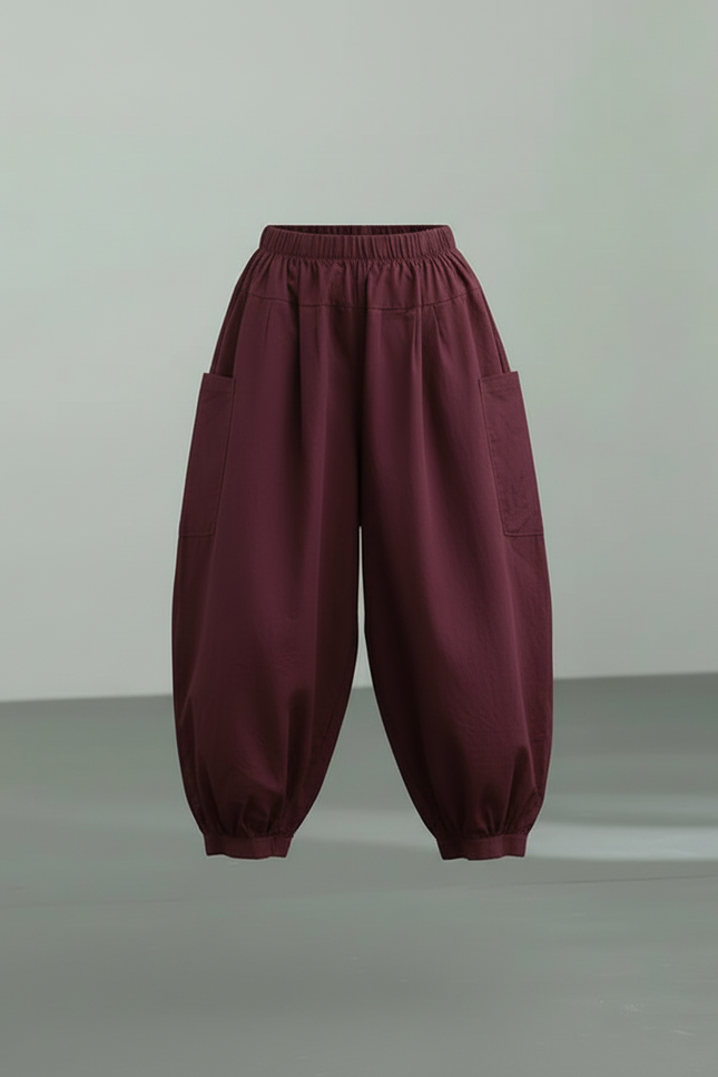 Pantalon Cargo Ample Bordeaux Coton Lin Décontracté Femme - vue 3