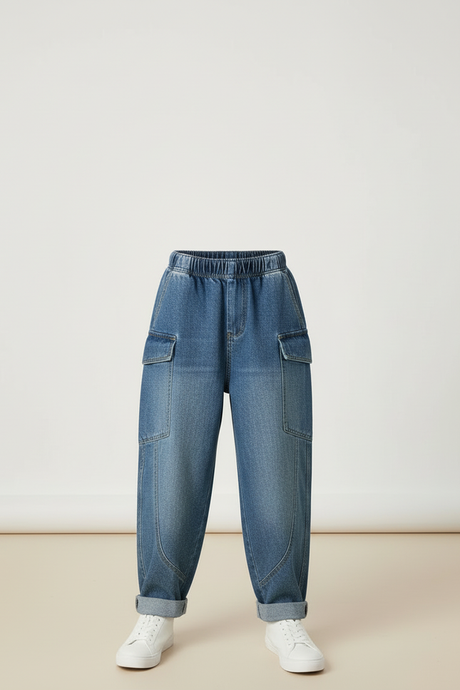 Pantalon Cargo Denim Ample Garçon Poches Latérales - Bleu Jean - vue 3
