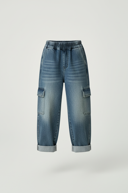 Pantalon Cargo Denim Bleu Ample Multipoches Enfant - Jean - vue 3