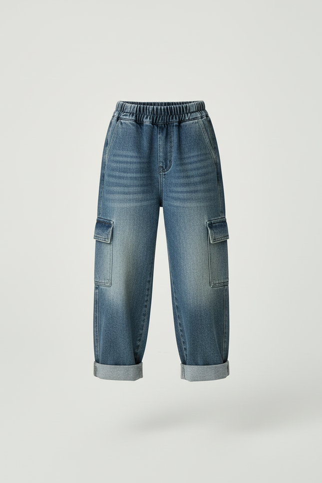 Pantalon Cargo Denim Bleu Ample Multipoches Enfant - Jean - vue 3
