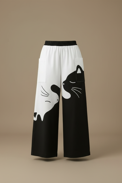 Pantalon Cargo Large Ample Décontracté Imprimé Chat - Lin - vue 3