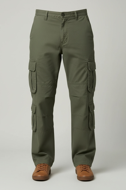 Pantalon Cargo Vert Militaire Ample Coton Multipoches Homme - Kaki Toile - vue 3