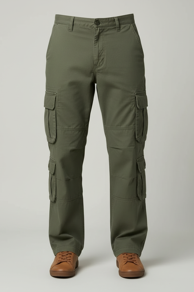 Pantalon Cargo Vert Militaire Ample Coton Multipoches Homme - Kaki Toile - vue 3
