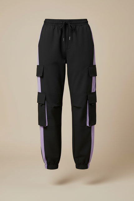 Pantalon Cargo Noir Violet Multipoches Sportif Femme - Polyester - vue 3