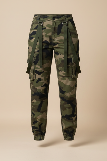 Pantalon Cargo Camouflage Militaire Ceinture Sangles Femme - Kaki Toile - vue 3