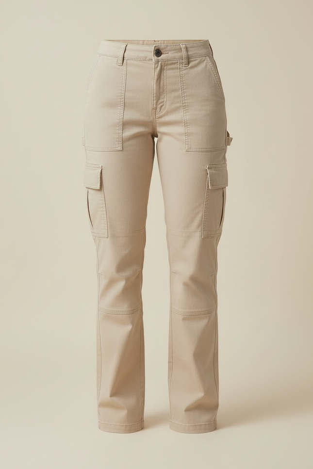 Pantalon Cargo Beige Droit Taille Haute Multipoches - Toile - vue 3