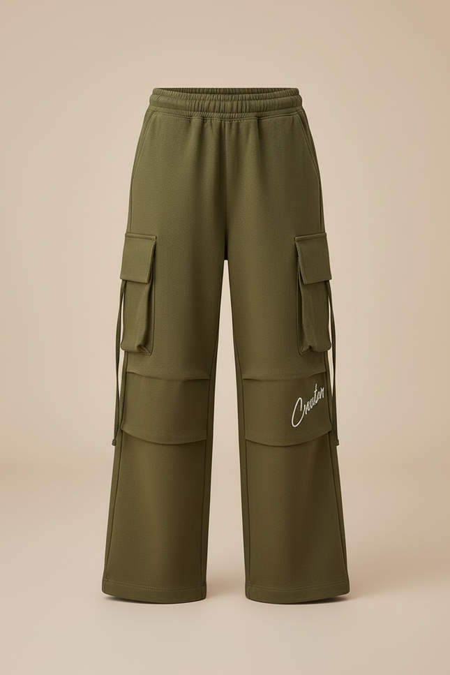 Pantalon Cargo Vert Ample Multipoches Décontracté Enfant - Kaki Molleton - vue 3