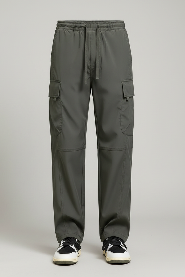 Pantalon Cargo Homme Vert Ample Multipoches Cordon - Kaki Polyester - vue 3