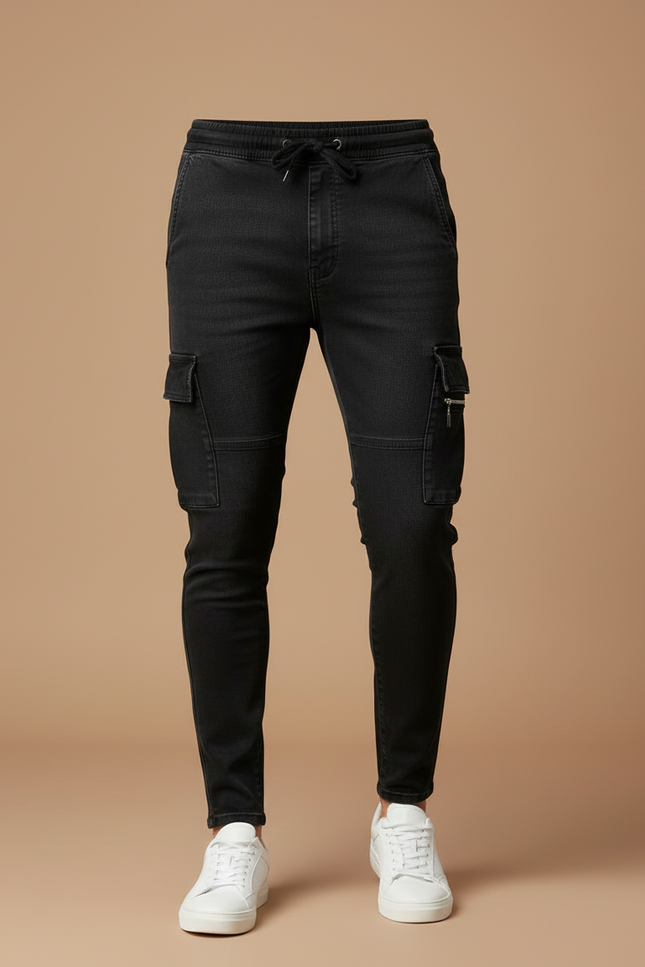 Pantalon Cargo Noir Slim Multipoches Zippées Homme - Jean - vue 3