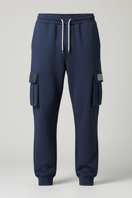 Pantalon Cargo Bleu Marine Molletonné Ample Cordon Multi-Poches - vue 3