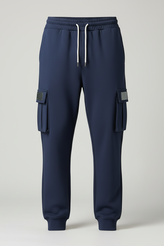 Pantalon Cargo Bleu Marine Molletonné Ample Cordon Multi-Poches - vue 3