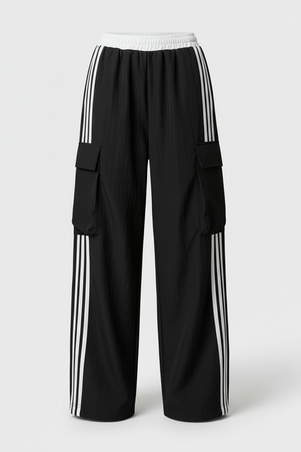 Pantalon Cargo Noir Ample Rayures Blanches Femme Sportif - Polyester - vue 3
