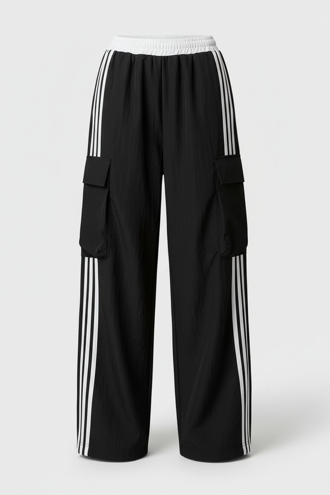 Pantalon Cargo Noir Ample Rayures Blanches Femme Sportif - Polyester - vue 3