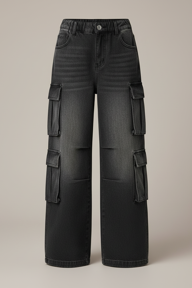 Pantalon Cargo Gris Délavé Jean Ample Multipoches Fille - vue 3