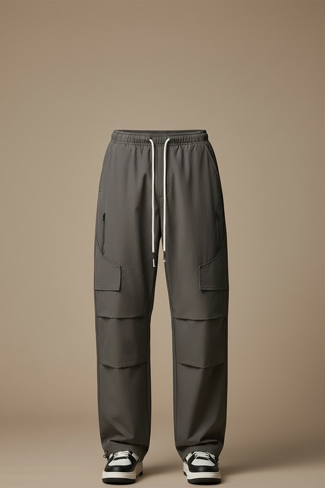 Pantalon Cargo Gris Ample Multipoches Cordon Décontracté - Polyester - vue 3