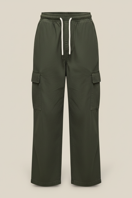 Pantalon Cargo Vert Ample Coton Décontracté Femme - Kaki Molleton - vue 3
