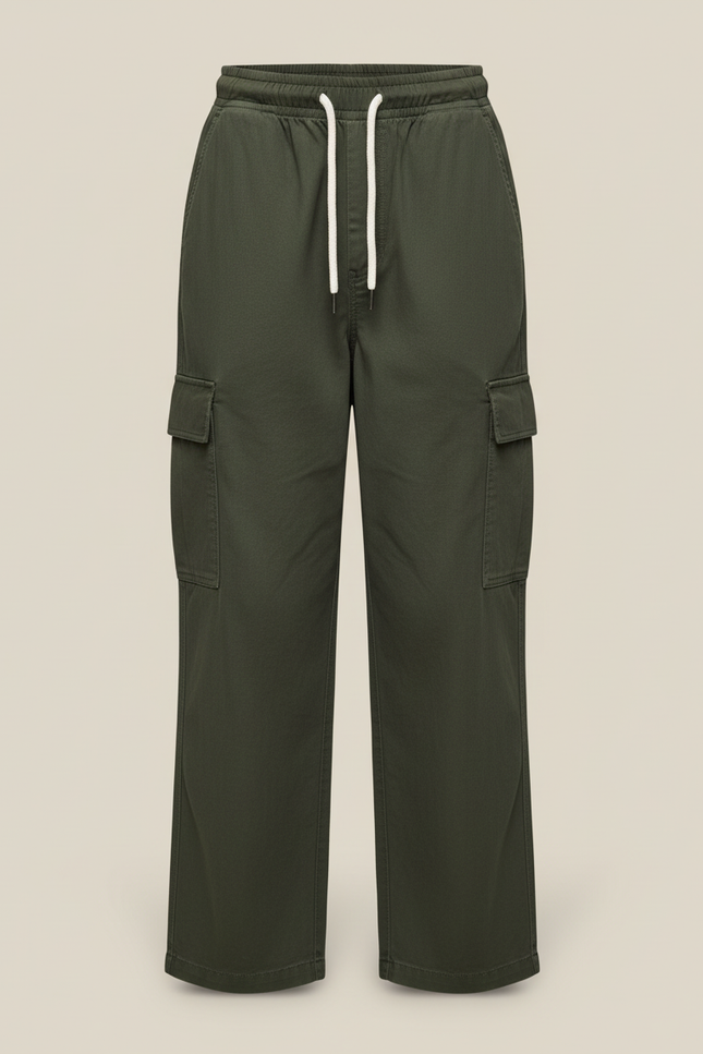 Pantalon Cargo Vert Ample Coton Décontracté Femme - Kaki Molleton - vue 3